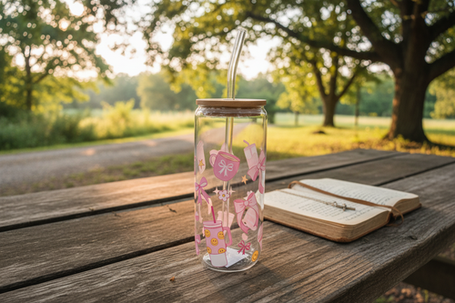 20oz Glass Tumbler (Smiley/Bows) Lifestyle