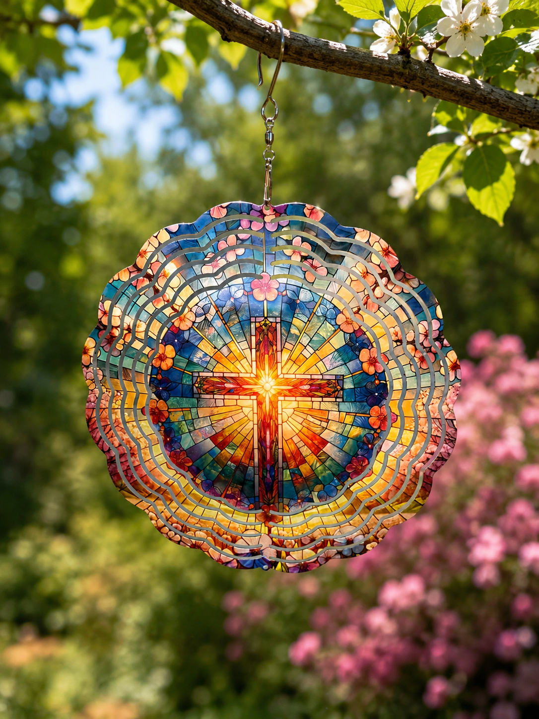 Stained glass cross wind spinner