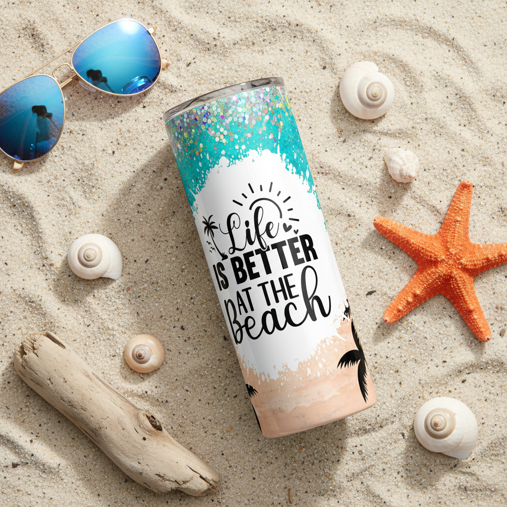 Life is Better at the Beach - Full Wrap Flat Lay 20oz Skinny Tumbler